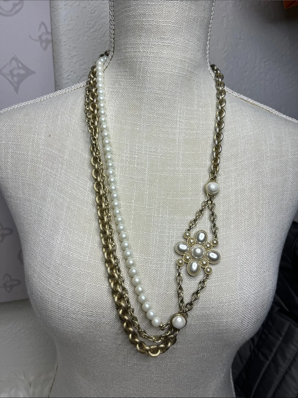 Gold-Tone Multi-Strand Pearl Floral Pendant Necklace - Women Jewelry